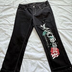 White House Black Market Black Straight Leg Jeans with Graphic Design